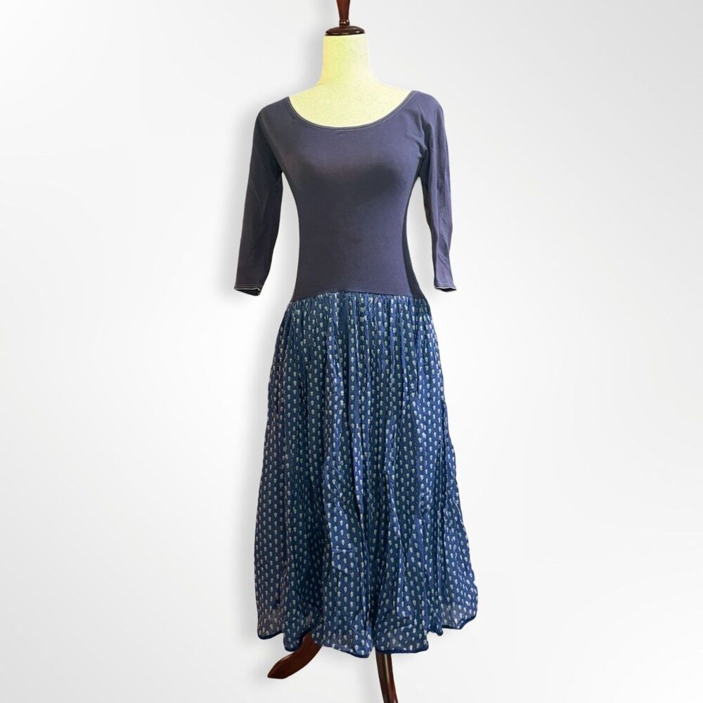 SOULEIADO, VTG 3/4 Sleeve Blue Mixed Media Drop Waist Maxi Dress 6 France Casual